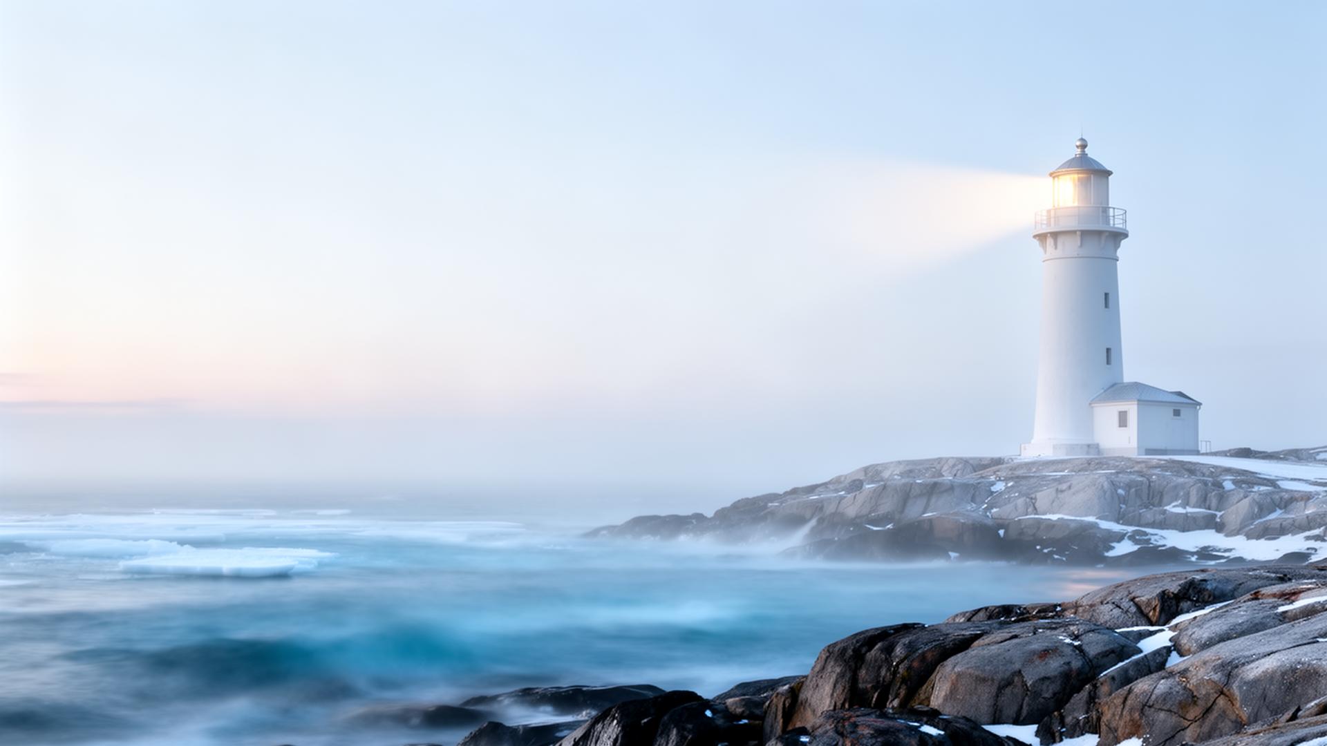 A lighthouse casting a steady beam over calm icy waters at dawn